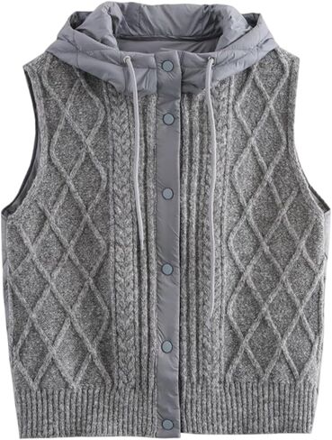 Hooded Vest Women Warm Quilted Knit Women Sweater Vest with Puffer Back Lightweight Sleeveless Jacket for Winter, Grey in Saudi Arabia