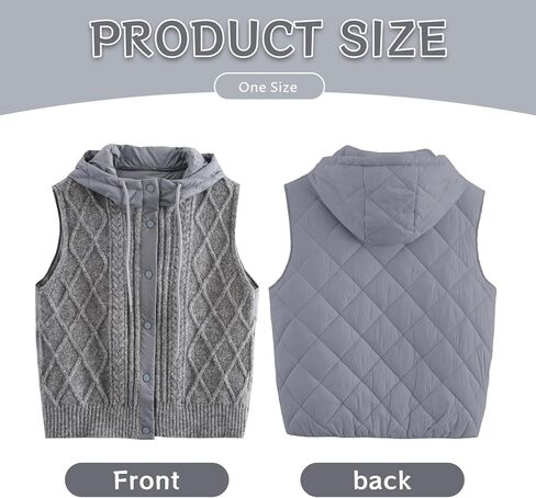 Hooded Vest Women Warm Quilted Knit Women Sweater Vest with Puffer Back Lightweight Sleeveless Jacket for Winter, Grey in Saudi Arabia