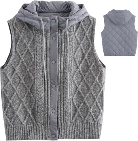 Hooded Vest Women Warm Quilted Knit Women Sweater Vest with Puffer Back Lightweight Sleeveless Jacket for Winter, Grey in Saudi Arabia