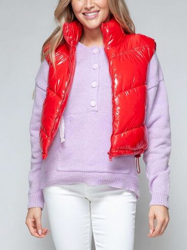 Women's Casual Vest Coat Zip Up Turtleneck Shiny Puffer Vest Red Quilted Design Fall/Winter Wear Layering in Kuwait