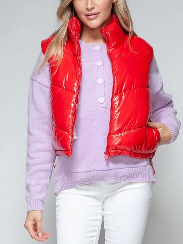 Women's Casual Vest Coat Zip Up Turtleneck Shiny Puffer Vest Red Quilted Design Fall/Winter Wear Layering in Kuwait
