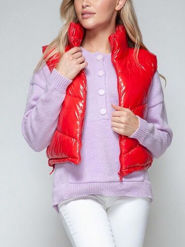 Women's Casual Vest Coat Zip Up Turtleneck Shiny Puffer Vest Red Quilted Design Fall/Winter Wear Layering in Kuwait