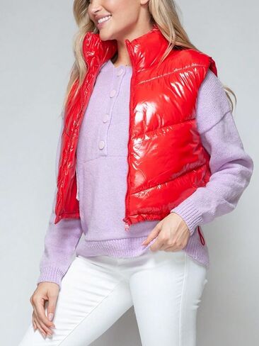 Women's Casual Vest Coat Zip Up Turtleneck Shiny Puffer Vest Red Quilted Design Fall/Winter Wear Layering in Kuwait