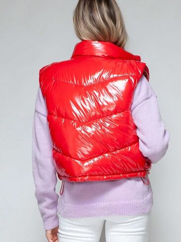Women's Casual Vest Coat Zip Up Turtleneck Shiny Puffer Vest Red Quilted Design Fall/Winter Wear Layering in Kuwait