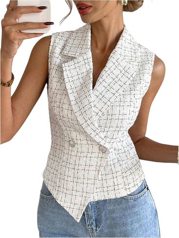 GORGLITTER Women's Plaid Sleeveless Blazers Vest Double Breasted Button Up Waistcoat Dressy Office Corporate Outfits in Saudi Arabia