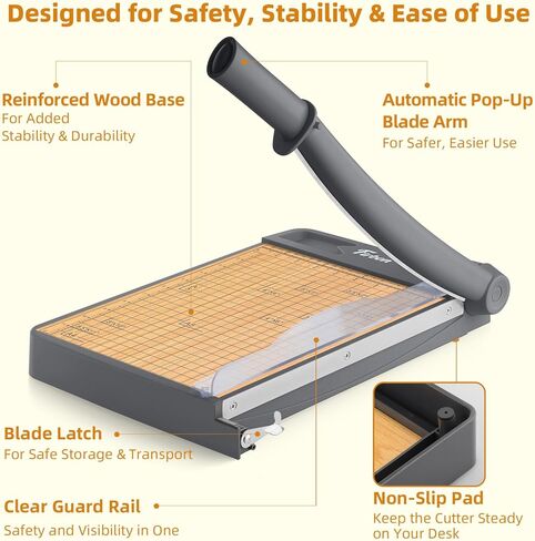 Firbon 12-Inch Wood Base Guillotine Paper Cutter, Heavy Duty 12-Sheet Capacity Precision Paper Trimmer for Cardstock, Photos, A4 Paper, Office & Classroom in Saudi Arabia