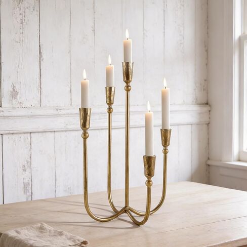 Cast Iron Candelabra 5-Taper Candle Holders, Golden Metal Candlestick Holders Tabletop Candles Stand, Decorative Table Centerpieces Mantel Decor, Antique Brass in Saudi Arabia