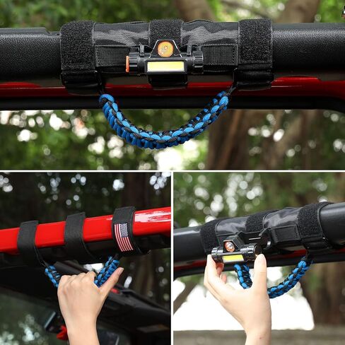 cartaoo Upgrade Roll Bar Grab Handles with Dome Light for Jeep Gladiator Accessories, Premium Paracord Grips Fit 2.0-4.0 Inch Rods CJ YJ TJ JK JL & Gladiator JT 1945-2023 (Blue 4pcs) in Kuwait