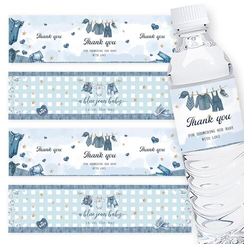 ملصقات زجاجات مياه للأطفال من بلو جين، ملصقات مغلفة لزجاجات مياه استحمام الطفل من الدنيم، ملصقات مشروبات مقاومة للماء باللون الأزرق من أجل الدنيم والألماس تحت عنوان حفلة عيد الميلاد الأولى - 32 قطعة in Kuwait