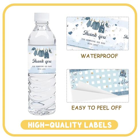 ملصقات زجاجات مياه للأطفال من بلو جين، ملصقات مغلفة لزجاجات مياه استحمام الطفل من الدنيم، ملصقات مشروبات مقاومة للماء باللون الأزرق من أجل الدنيم والألماس تحت عنوان حفلة عيد الميلاد الأولى - 32 قطعة in Kuwait