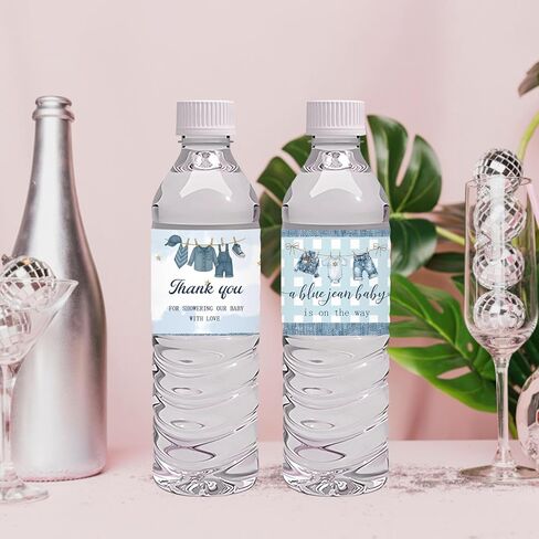 ملصقات زجاجات مياه للأطفال من بلو جين، ملصقات مغلفة لزجاجات مياه استحمام الطفل من الدنيم، ملصقات مشروبات مقاومة للماء باللون الأزرق من أجل الدنيم والألماس تحت عنوان حفلة عيد الميلاد الأولى - 32 قطعة in Kuwait