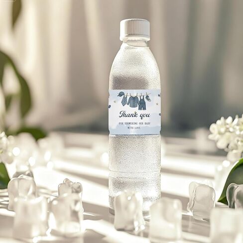 ملصقات زجاجات مياه للأطفال من بلو جين، ملصقات مغلفة لزجاجات مياه استحمام الطفل من الدنيم، ملصقات مشروبات مقاومة للماء باللون الأزرق من أجل الدنيم والألماس تحت عنوان حفلة عيد الميلاد الأولى - 32 قطعة in Kuwait