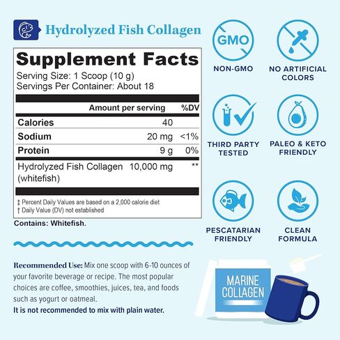 كبسولات الكولاجين البحري وحمض الهيالورونيك وفيتامين سي | 2000 مجم من ببتيدات كولاجين السمك المتحلل لكل حصة | مرونة الجلد والترطيب والشعر والأظافر ودعم المفاصل | صديقة لنباتات البيسكاتاري 30 حصة in Kuwait