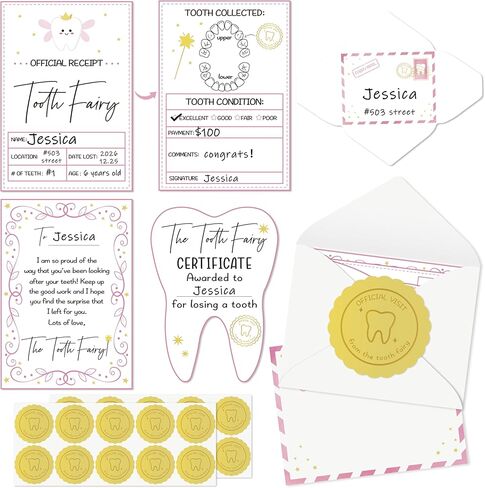 Mini Tooth Receipt Gifts - 20 Set Tooth Condition Cards with Envelope and Fairy Letter for Kids, Lost Teeth Certificate Keepsake Gift Bag with Stickers for Girls Boys Home School Award (Pink) in Saudi Arabia