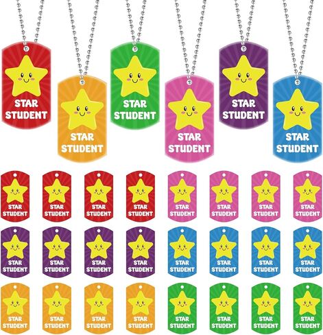 30 PCS Student Incentives Star Tags 2 x 1.1 Inches Acrylic Star Student Dog Tag with Metal Chains Recognition Tag Student Award Tags for School Classroom Reward Teacher Supplies in Kuwait