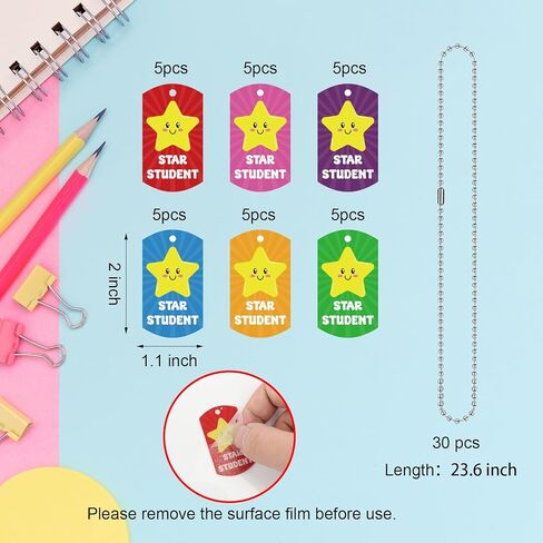 30 PCS Student Incentives Star Tags 2 x 1.1 Inches Acrylic Star Student Dog Tag with Metal Chains Recognition Tag Student Award Tags for School Classroom Reward Teacher Supplies in Kuwait