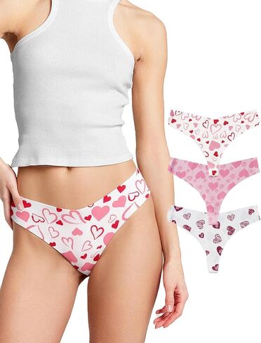 3 PCS Women Low Rise Ice Silk Seamless Printed Heart Thong Underwear Set, Soft Touch Invisible Edge Intimate Wear in Saudi Arabia