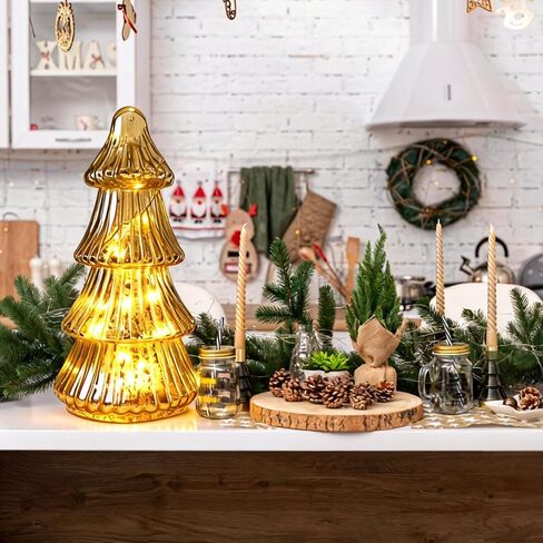 Mercury Glass Christmas Trees with Led Lights and Timer,9 Inch Mercury Glass Xmas Trees Tabletop Centerpiece for Holiday Home Decor (Red-A) in Saudi Arabia