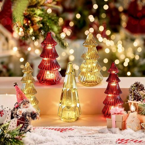 Mercury Glass Christmas Trees with Led Lights and Timer,9 Inch Mercury Glass Xmas Trees Tabletop Centerpiece for Holiday Home Decor (Red-A) in Saudi Arabia