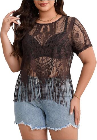 Women's Plus Size Fringe Trim Sheer T Shirts Short Sleeve See Through Tops Western Vintage Tees in Saudi Arabia