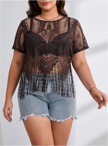 Women's Plus Size Fringe Trim Sheer T Shirts Short Sleeve See Through Tops Western Vintage Tees in Saudi Arabia