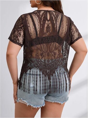 Women's Plus Size Fringe Trim Sheer T Shirts Short Sleeve See Through Tops Western Vintage Tees in Saudi Arabia