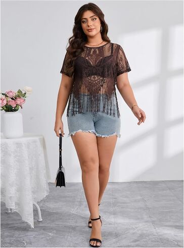 Women's Plus Size Fringe Trim Sheer T Shirts Short Sleeve See Through Tops Western Vintage Tees in Saudi Arabia