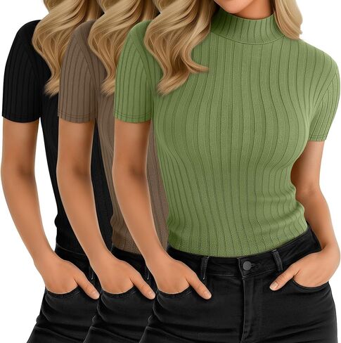 3 Pack Women Mock Turtleneck Shirts Short Sleeve Ribbed Lightweight Basic Layering Cotton Tops Slim Fit Tunic Tees in Saudi Arabia
