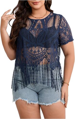 Women's Plus Size Fringe Trim Sheer T Shirts Short Sleeve See Through Tops Western Vintage Tees in Saudi Arabia