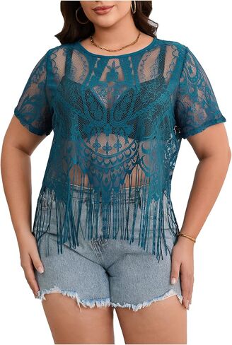 Women's Plus Size Fringe Trim Sheer T Shirts Short Sleeve See Through Tops Western Vintage Tees in Saudi Arabia