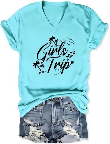 Girl's Trip 2026 V-Neck T-Shirt for Women Besties Vacation Funny Graphic Loose Tops in Saudi Arabia