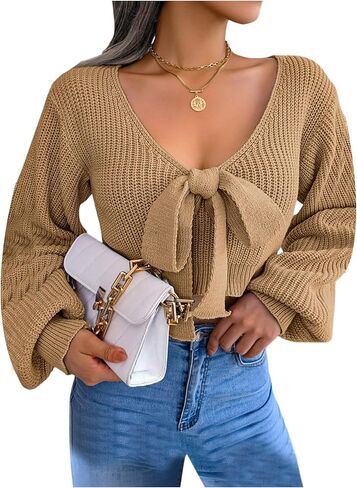WDIRARA Women's Bow Tie V Neck Crop Sweater Long Sleeve Knit Pullover Tops Knitwear in Saudi Arabia