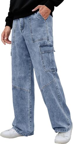 Mens Baggy Cargo Jeans Wide Leg Hip Hop Jeans Streetwear Loose Fit Casual Denim Pants in Saudi Arabia