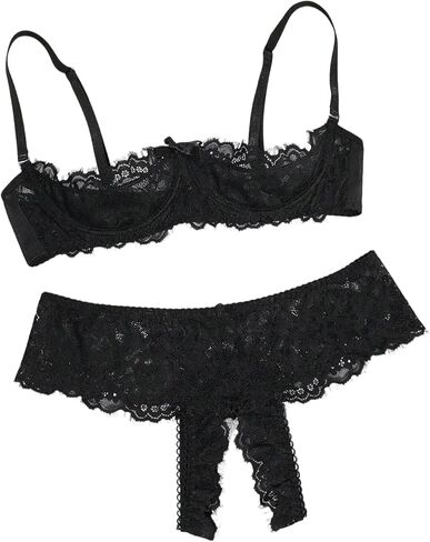 SOLY HUX Women's Lingerie Set Sheer Lace 1/4 Cup Bra Push Up Shelf Bra and Panty Naughty Outfit in Kuwait