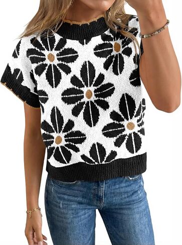 Saodimallsu Womens Floral Sweater Tops Short Sleeve Vintage Crew Neck Loose Knit Summer Pullover Sweaters in Saudi Arabia