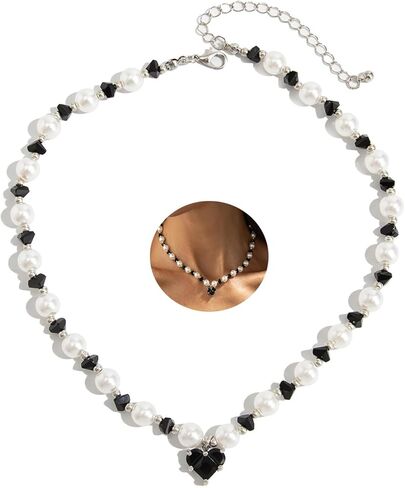 Dainty Pearl Heart Choker Necklace for Women Trendy Love Crystal Beaded Statement Necklace Adjustable Heart Birthday Jewelry Gift in Kuwait