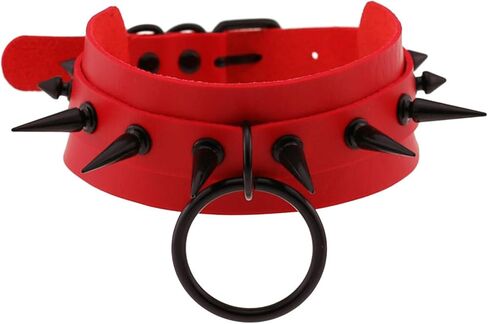 Red Spike Collar for Womens, Gothic Punk Choker, Soft Faux Leather Necklace with Ring, Adjustable Length 11-15 Inches in Saudi Arabia