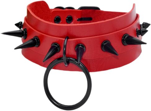 Red Spike Collar for Womens, Gothic Punk Choker, Soft Faux Leather Necklace with Ring, Adjustable Length 11-15 Inches in Saudi Arabia