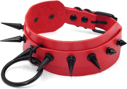 Red Spike Collar for Womens, Gothic Punk Choker, Soft Faux Leather Necklace with Ring, Adjustable Length 11-15 Inches in Saudi Arabia
