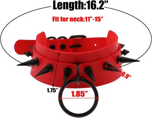 Red Spike Collar for Womens, Gothic Punk Choker, Soft Faux Leather Necklace with Ring, Adjustable Length 11-15 Inches in Saudi Arabia