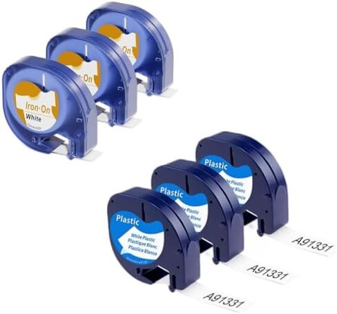 استبدال عبوات صانع الملصقات Dymo 3PK 91331 (شريط بلاستيكي 1/2 بوصة × 13 بوصة) + 3PK 18771 (ملصق حديد على القماش 1/2 بوصة × 6.5 بوصة للقماش)، متوافق مع عبوات Dymo Letratag LT-100T 100H، أسود على أبيض in Saudi Arabia