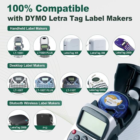 استبدال عبوات صانع الملصقات Dymo 3PK 91331 (شريط بلاستيكي 1/2 بوصة × 13 بوصة) + 3PK 18771 (ملصق حديد على القماش 1/2 بوصة × 6.5 بوصة للقماش)، متوافق مع عبوات Dymo Letratag LT-100T 100H، أسود على أبيض in Saudi Arabia