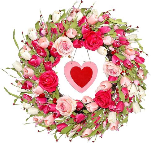 22" Valentine’s Day Wreath with Red & White Hearts and Berries, Large Valentine Wreaths for Front Door, Romantic Valentines Wreath with Bow for Home Decor in Saudi Arabia