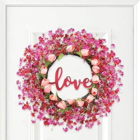 22" Valentine’s Day Wreath with Red & White Hearts and Berries, Large Valentine Wreaths for Front Door, Romantic Valentines Wreath with Bow for Home Decor in Saudi Arabia