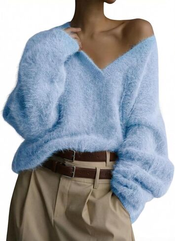 Women's Fuzzy Sweater Oversized V Neck Sweaters Cozy Soft Knit Fluffy Pullover Loose Jumper Top in Saudi Arabia