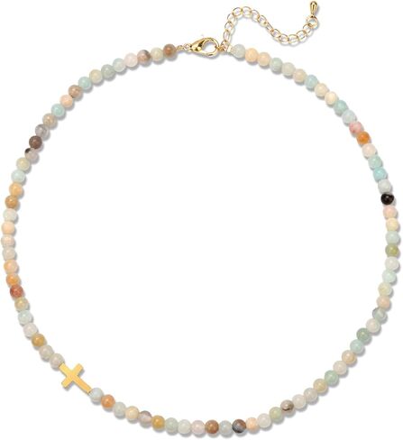 GolbalJew Stone Beaded Choker Cross Necklace for Women Healing Crystal Gemstone Necklaces Handmade Jewelry Gifts in Kuwait