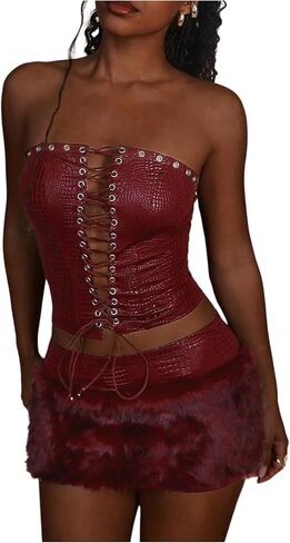 Verdusa Women's 2 Piece Y2K Outfits Eyelet Lace Up Leather Tube Top with Furry Mini Skirt Rave Outfits in Saudi Arabia