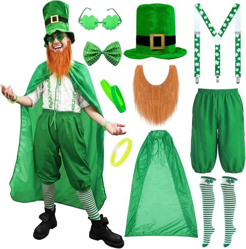 طقم أزياء رجالي من 11 قطعة لعيد القديس باتريك، زي Leprechaun للبالغين من إكسسوارات شامروك الأيرلندية مع قبعة ولحية in Kuwait