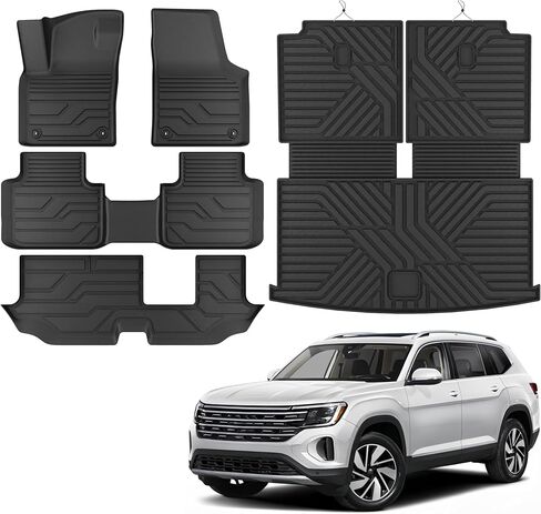 سجادات أرضية KARPAL لـ 2018-2025 2026 Volkswagen Atlas 7 مقاعد مقاعد (ليست للرياضة المتقاطعة)، تناسب جميع الأحوال الجوية TPE واقي السجاد الداخلي للسيارة مجموعة كاملة من ملحقات VW Atlas in Saudi Arabia