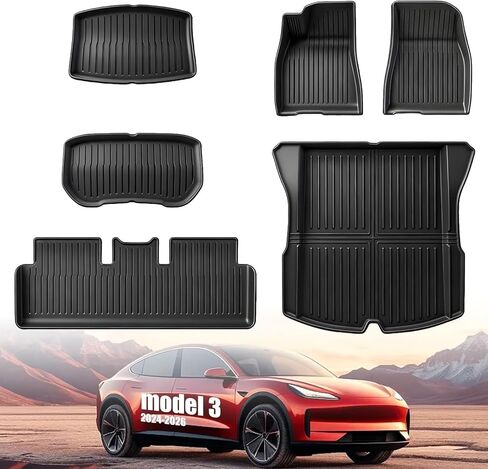 سجادات أرضية لجميع الأحوال الجوية تناسب طراز Tesla Model Y 2021-2024 5 مقاعد، مجموعة سجادات السيارة عديمة الرائحة المقاومة للماء TPE مع ملحقات داخلية لحماية المقعد الخلفي (7 قطع) in Saudi Arabia